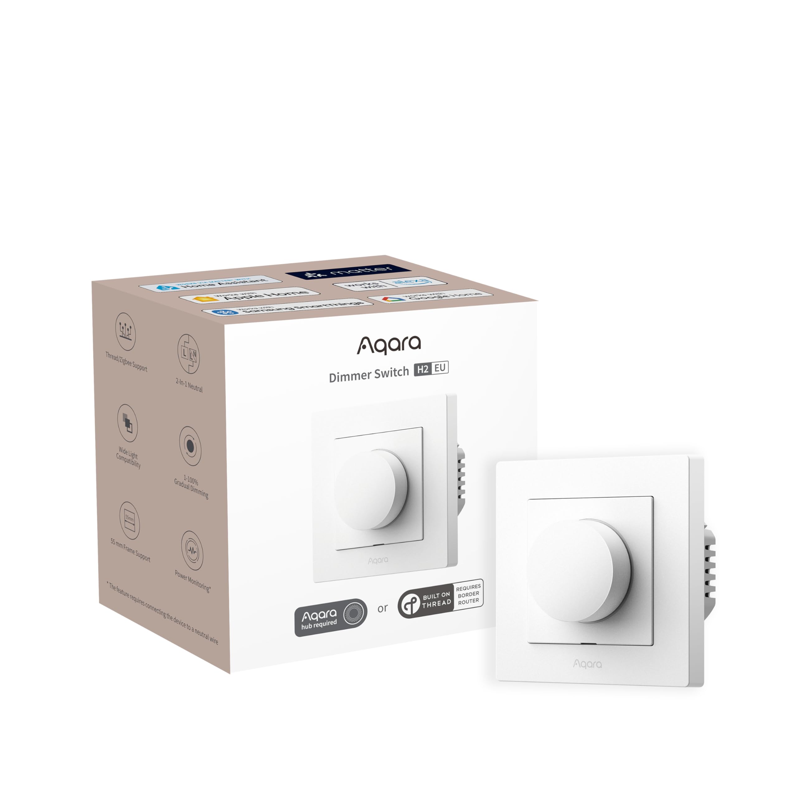 Aqara Aqara Dimmer Switch H2 EU – Thread/Zigbee Protocol, 2-in-1 Neutral, Single Switch, 200W, for dimmable LED/CFL/incandescent/Halogen/ELV Lights, Supports Apple Home, Alexa, Google and Matter, White