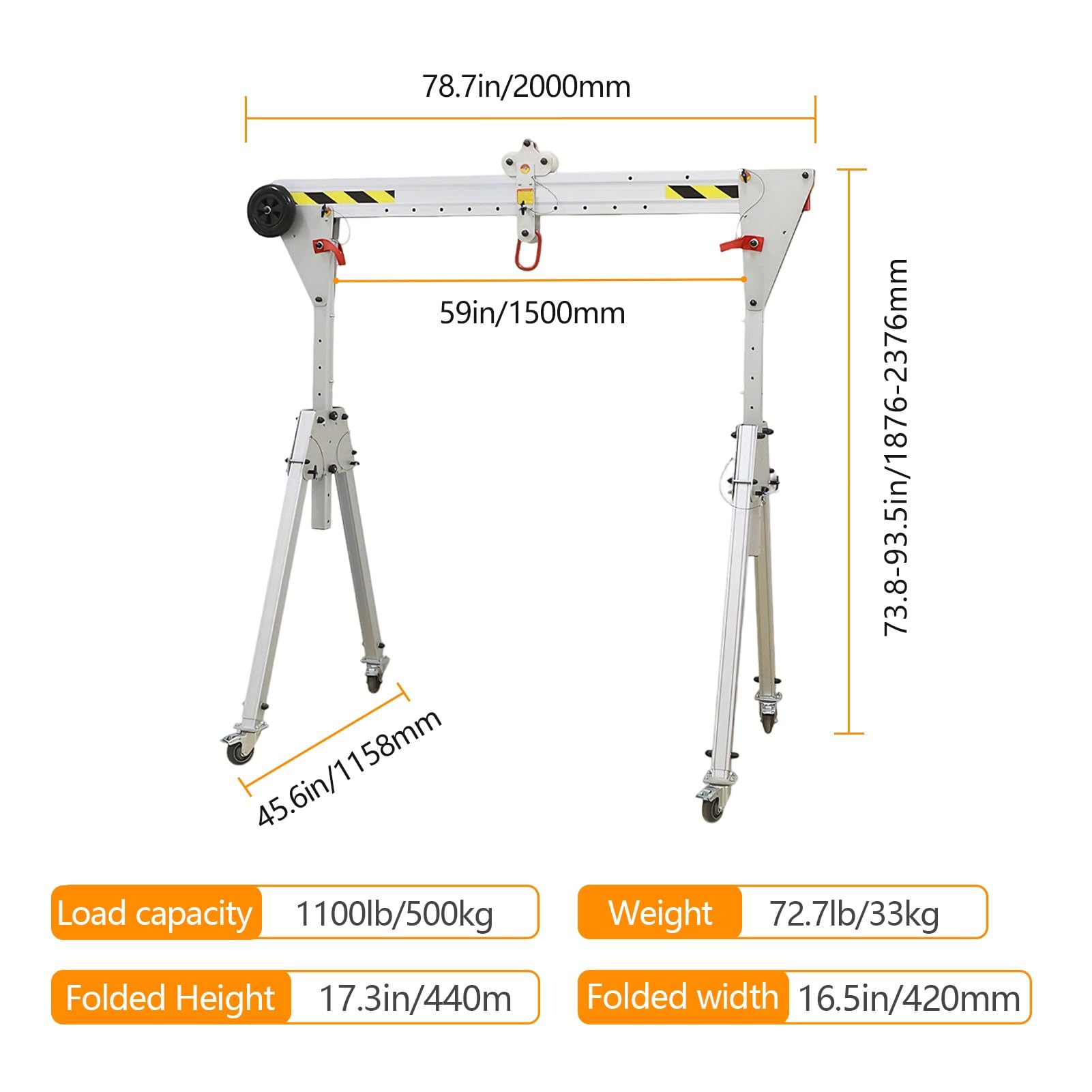 Tragbarer Portalkran (250–1000 kg), faltbar, aus Aluminiumlegierung, mit Universalrädern for optimale Mobilität(1100lb/500kg)