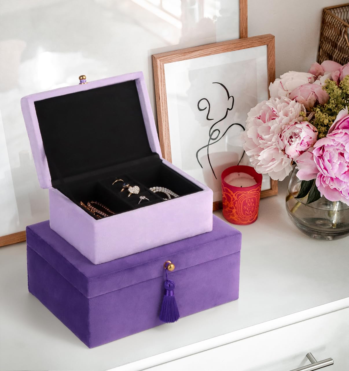 HofferRuffer Samt-Schmuckkästchen, dekorative Boxen, Aufbewahrungsboxen, Zubehör-Organizer-Boxen mit elegantem Griff-Dekor, klassisches Samt-Set, 2 Stück (lila)