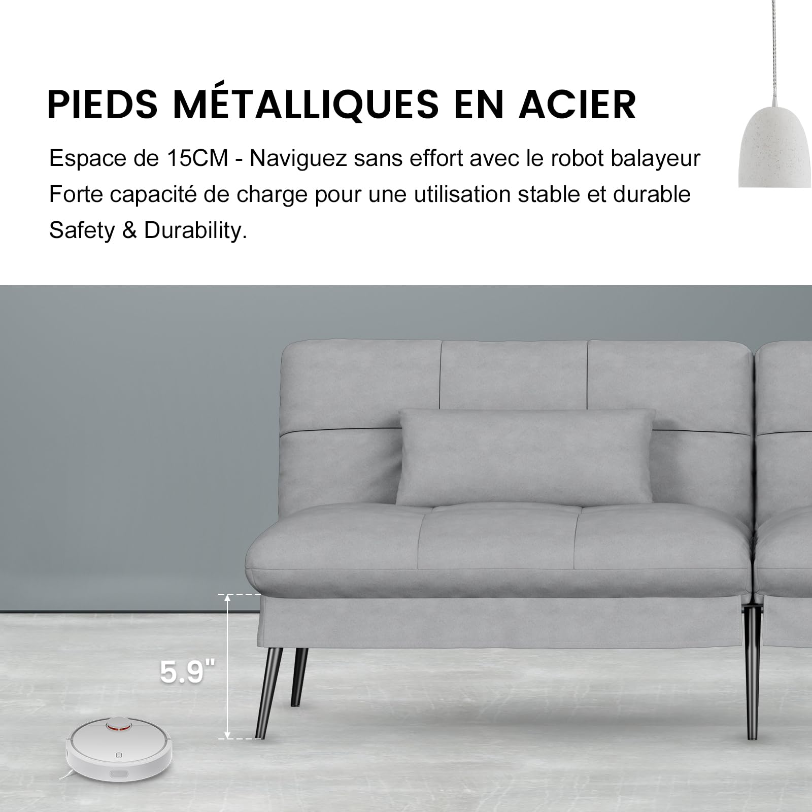 COMHOMA canapé Convertible en Peluche, canape 3 Places, Style Moderne, pour Salon, Appartement, Petit Espace,Pieds en métal 174 * 51 * 72cm, Gris