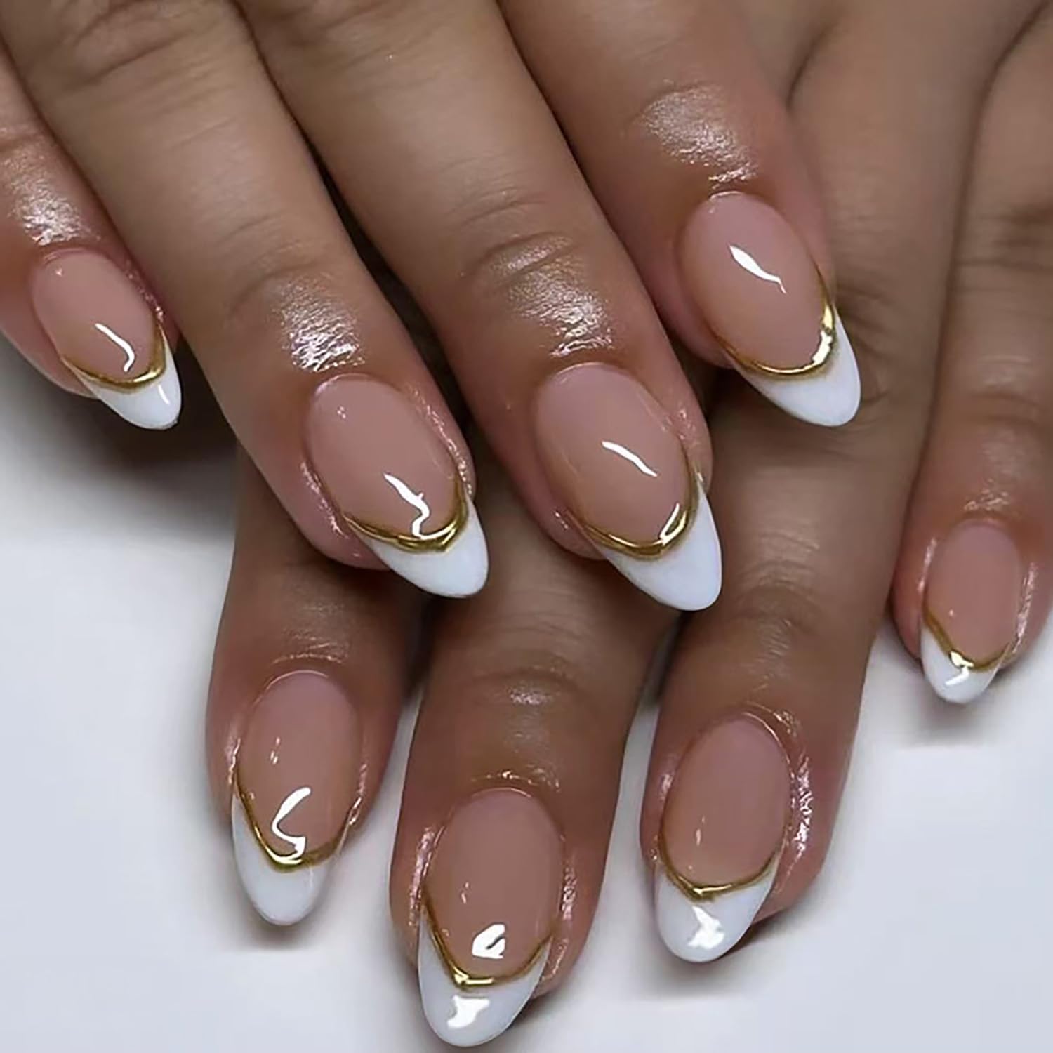 Press on Nails Almond Shaped Glossy Full Cover Acrylic French Medium False Nails with Designs Artificial Fake Nails with Charms Glue ons Almond