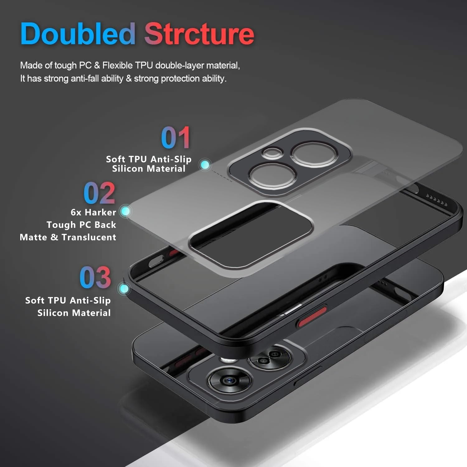 KUSINHOKA Cover per Oneplus Nord CE 3 Lite con Staffa + [2 Pezzi] Pellicola Vetro Temperato, [Protezione Fotocamera Slide] Anti-Graffio Custodia in Silicone e PC, Bumper Case Protettiva Cover, Nero