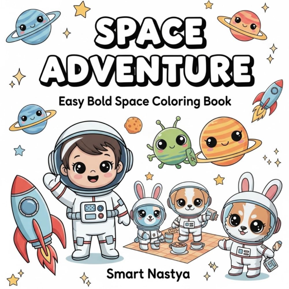 SPACE ADVENTURE: Easy Bold Space Coloring Book for Kids | Rockets, Cute Aliens, Planets, Space Animals and Fun Adventures