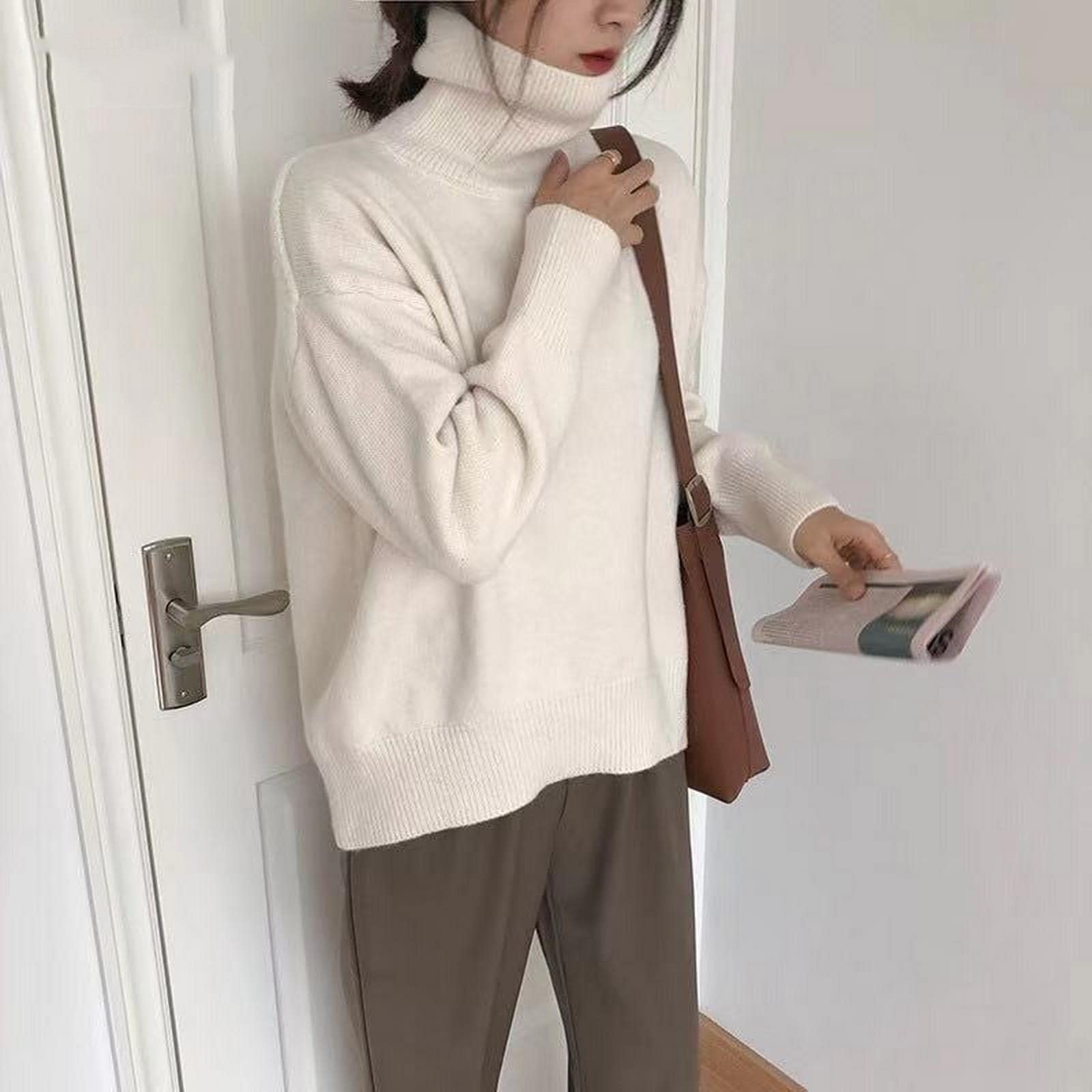 TOBILE Damski sweter z okrągłym dekoltem sztuczny kaszmir elegancki golf dekolt damski sweter miękki dzianinowy podstawowy pulowery okrągły dekolt luźny ciepły damski sweter z dzianiny