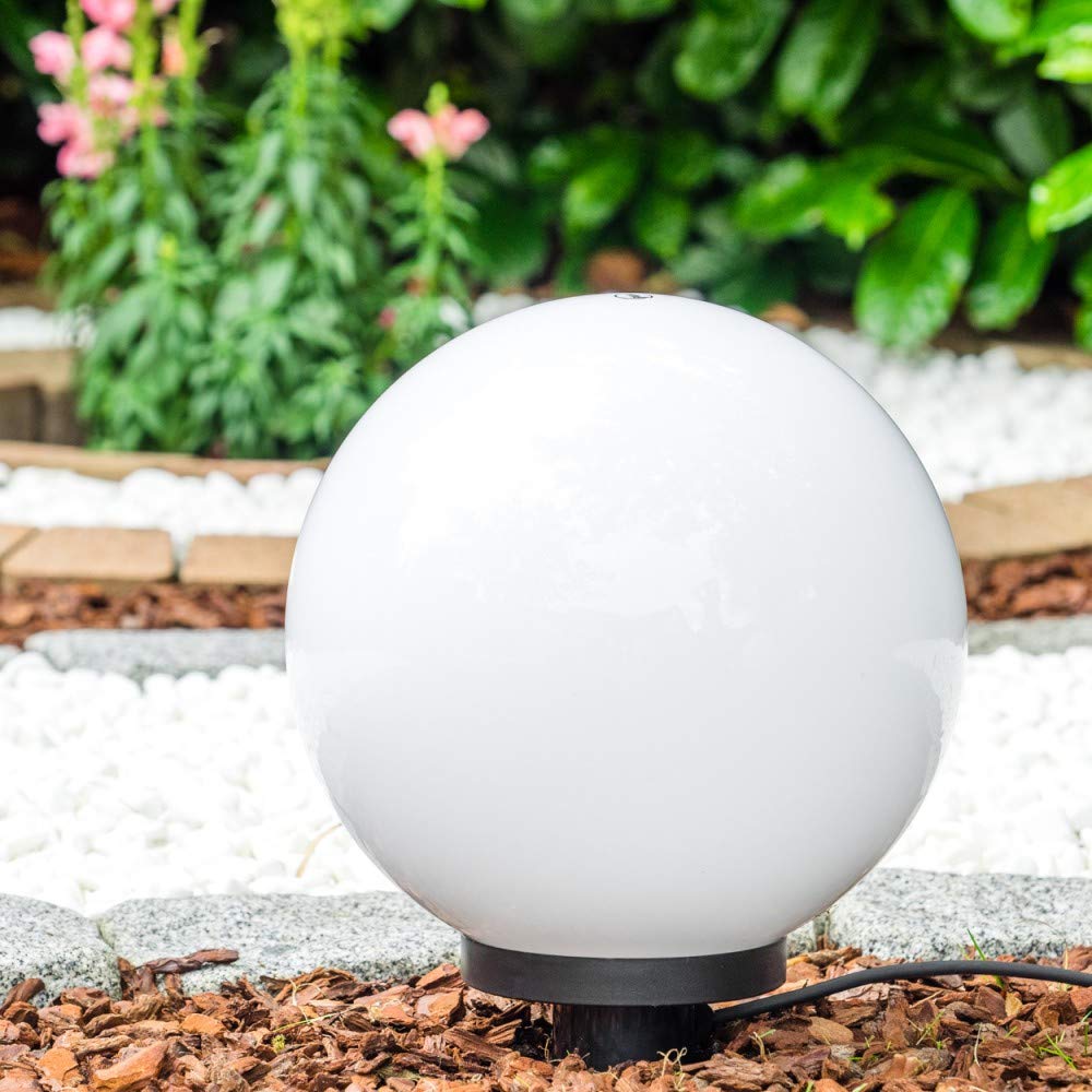Lampada a sfera Miau con picco di terra, lampada da esterno in plastica bianca Ø 30 cm, lampada da esterno con attacco E27, sfera luminosa con cavo di alimentazione di 5 metri, senza illuminante