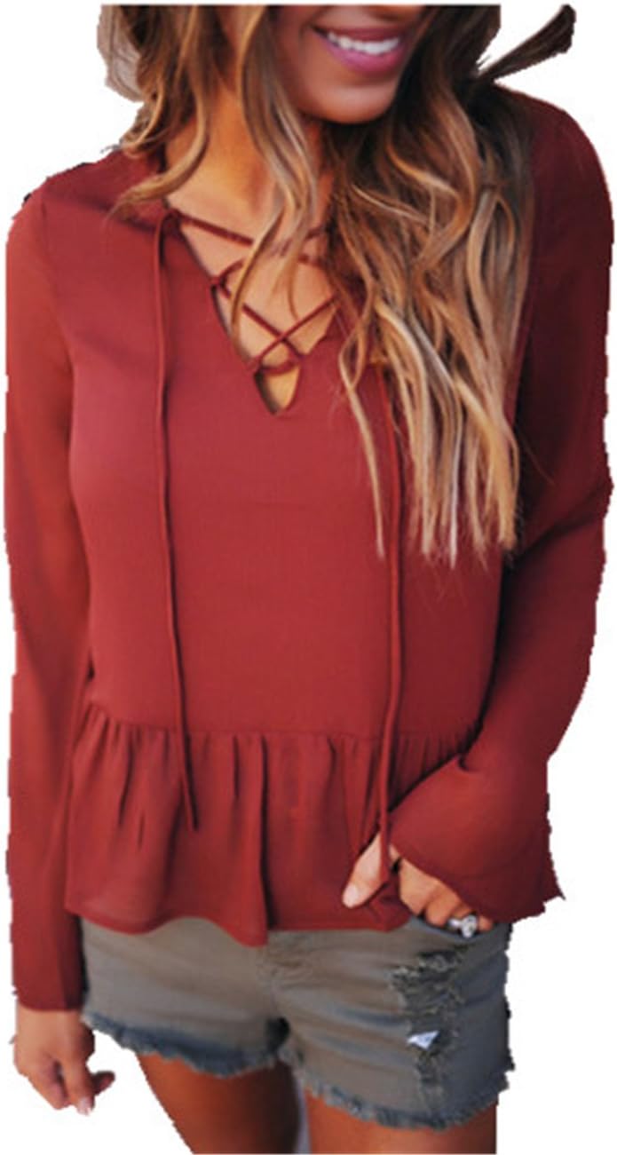 Lunivor Women Blouse V Neck Long Sleeve T Shirt Tops Loose Fit Chiffon Mode Chic Casual Solid Dark Orange red L