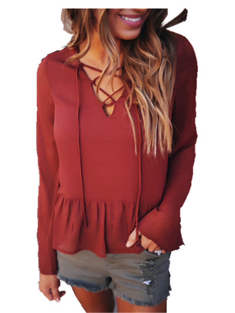 Lunivor Women Blouse V Neck Long Sleeve T Shirt Tops Loose Fit Chiffon Mode Chic Casual Solid Dark Orange red L