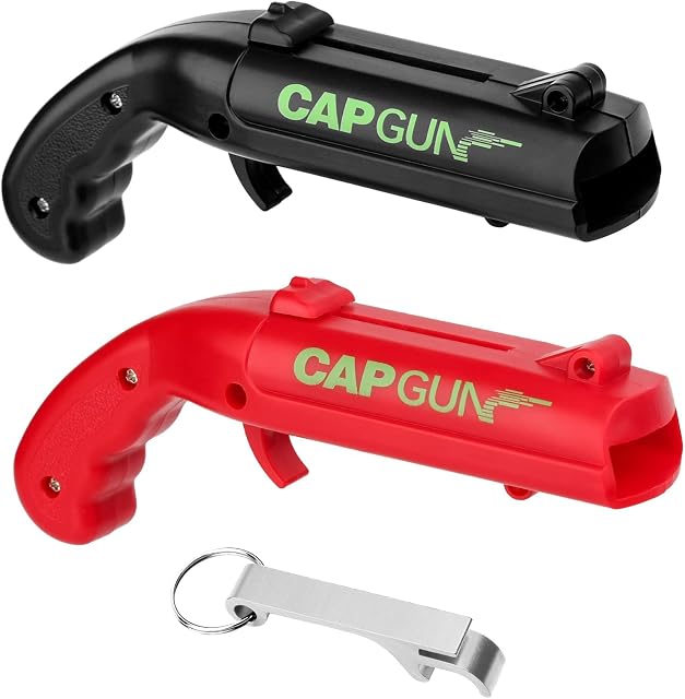 Cap Gun Bottle Opener, 2 Pcs Beer Opener Bottle Funny Bottle Cap Gun Shooter Gun Launcher Opener Beer Cap Gun for Home Bar Party ChristmasBlack+Red