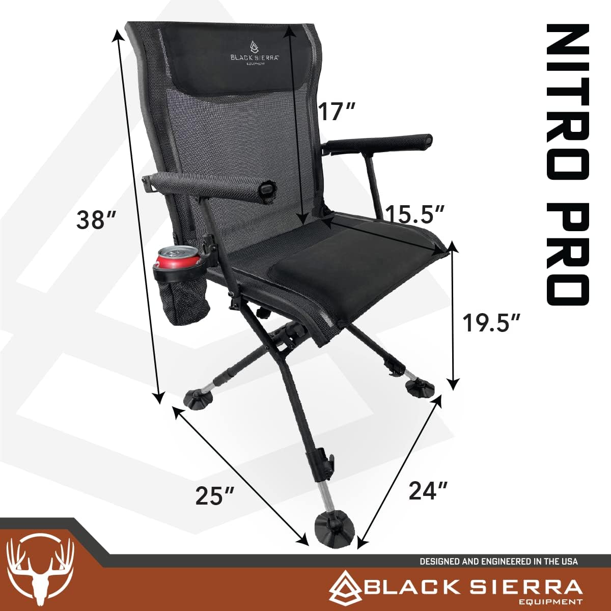Black Sierra Nitro Pro XL 360 Degree Swivel Chair, for Hunting and Fishing, Padded Folding Chair, Adjustable Legs, with Cupholder and Carry Strap, Black : Sports & Outdoors