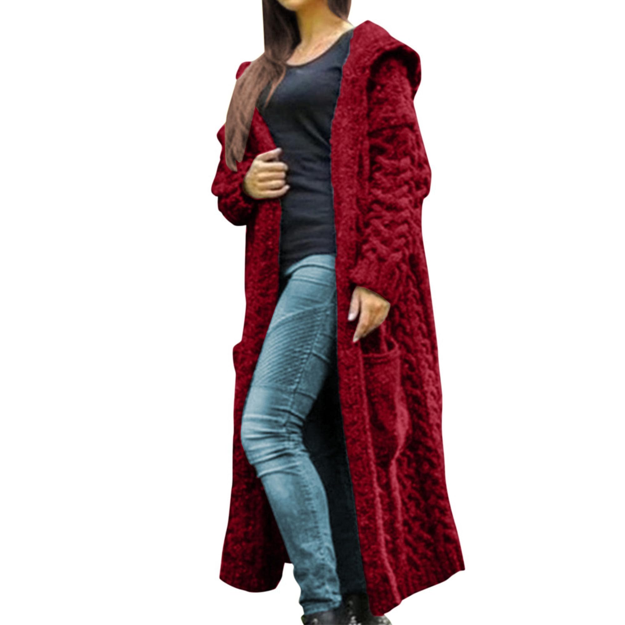 Womens Hooded Open Front Cardigan Cable Knit Sweaters Casual Long Sleeve Long Button Up Sweater Coats with Pockets