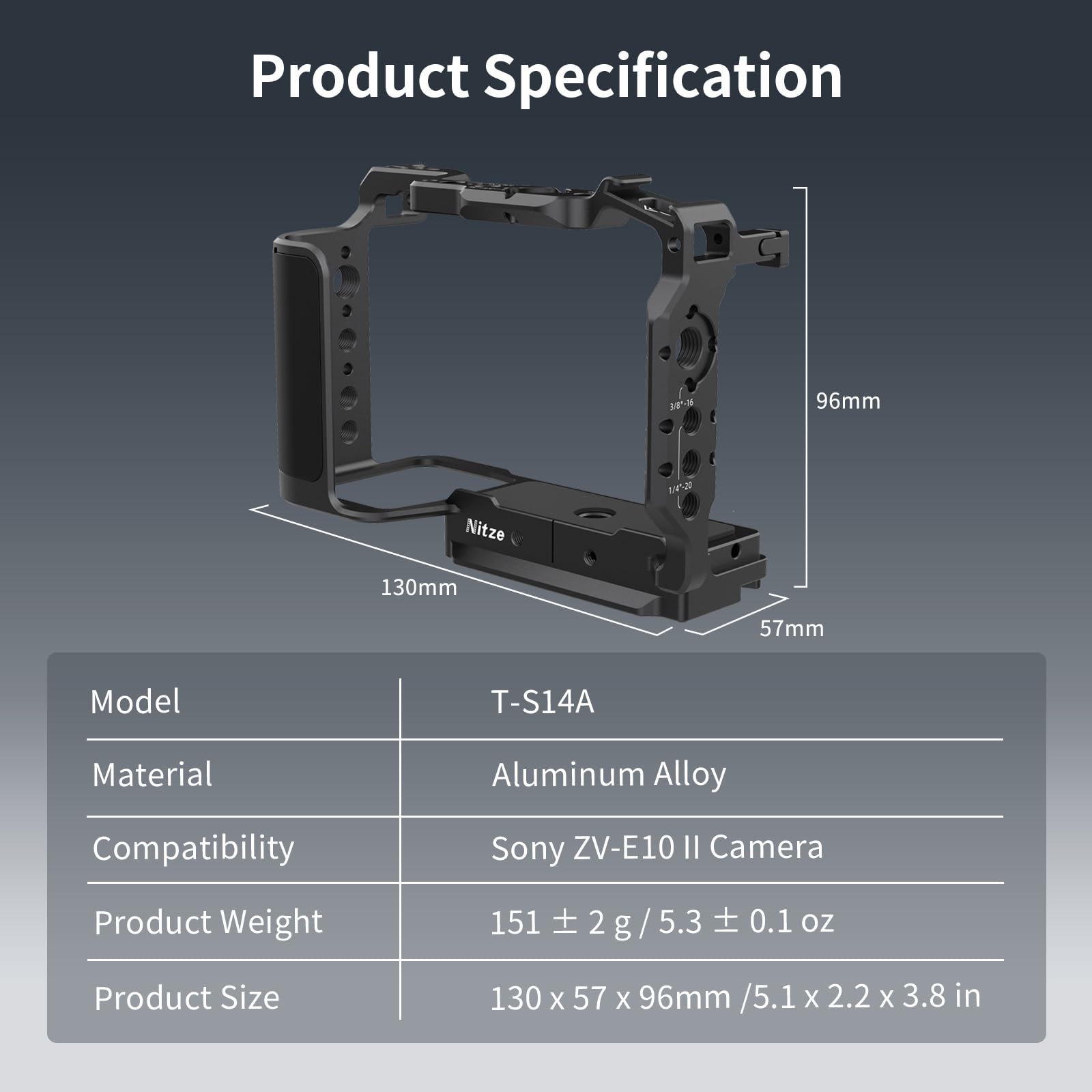 Nitze ZV-E10 II Cage, gabbia per fotocamera Sony ZV-E10 II, con 2 guide NATO integrate, scarpa Cold Shoe, impugnatura ergonomica, piastra a sgancio rapido per Arca-Swiss T-S14A
