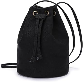 Black Drawstring Crossbody Bag Nylon Fabric Large Capacity Organizer Bag with Gold Tone Hardware | Nylon Fabric