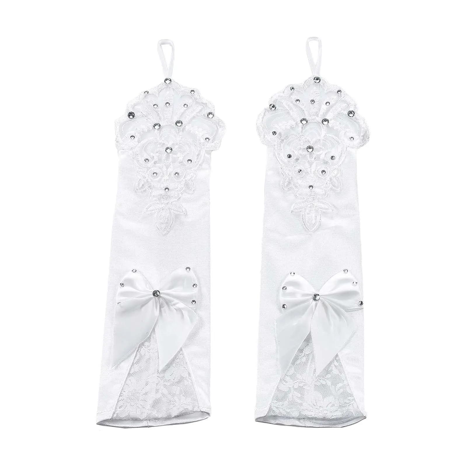 2 paia di guanti da sposa lunghi in raso donna senza dita, fiocco, fiore for accessorio