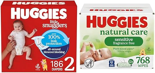Paquete de pañales Huggies Little Snugglers para bebé, talla 2 (12-18 libras), 186 unidades + toallitas Huggies Natural Care Sensitive para bebé,