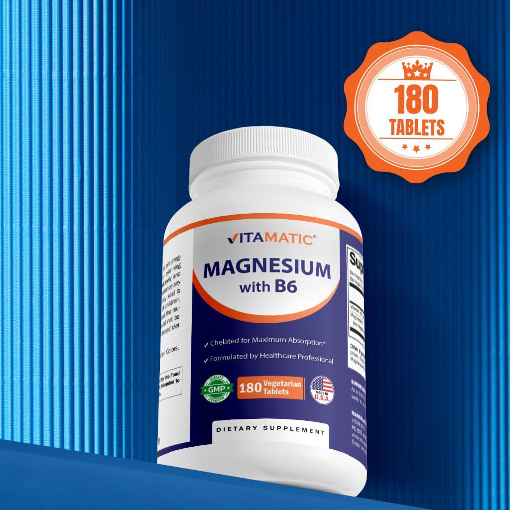 Vitamatic Magnesium with B6-180 Vegetarian Tablets (Uncoated) - Added B6 for Maximum Absorption - Supports Muscle, Joint, and Heart Health - 3 Pack