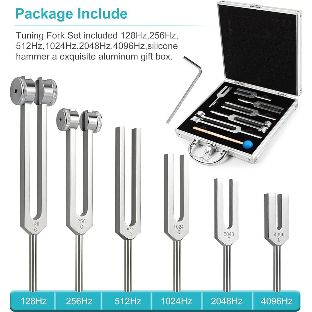 Stimmgabel,Stimmgabel Neurologie,Set von 6 Stimmgabeln (128 Hz, 256 Hz, 512 Hz,1024 Hz,2048 Hz,4096 Hz), Ideale Stimmgabeln für Heilung, Chakrenheilung, Klangheilung, Anti-Kompression.