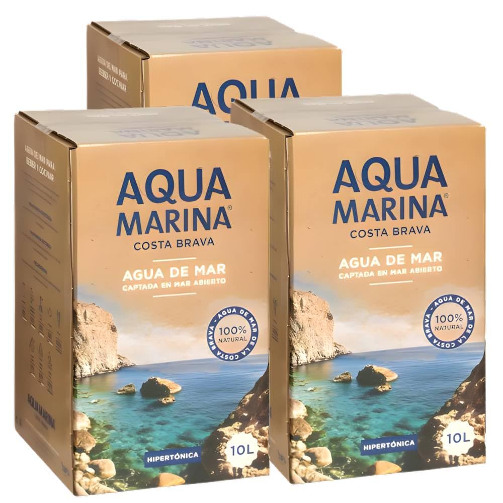 AQUAMARINA Costa Brava - Agua de Mar Hipertónica 10L | 100% Natural | Minerales Esenciales para Hidratación, Cocina Mediterránea y Bienestar Deportivo (3 Bag in Box 10 Litros)