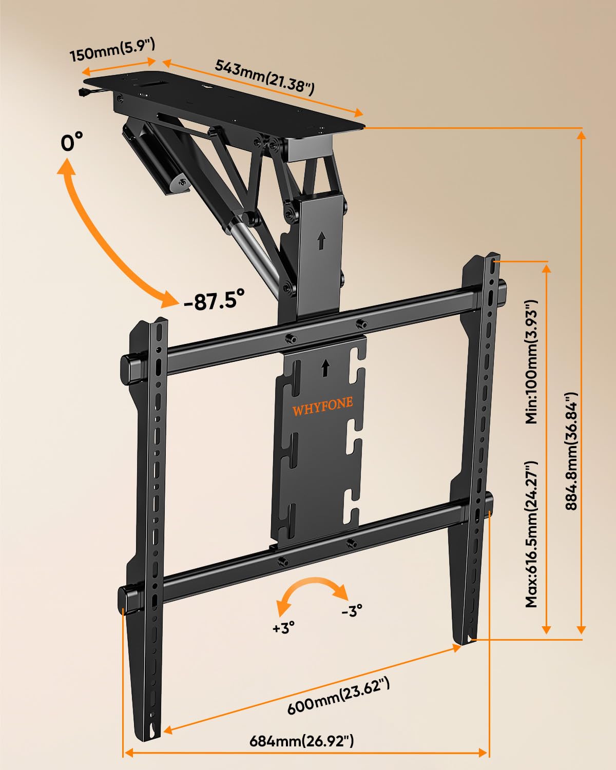 TV Deckenhalterung Elektrisch für 37-86 Zoll Fernseher bis 50kg, Motorisierte Klapphalterung TV Halterung Decke mit Fernbedienung für Flache & Geneigte Decken, max. VESA 600x600mm