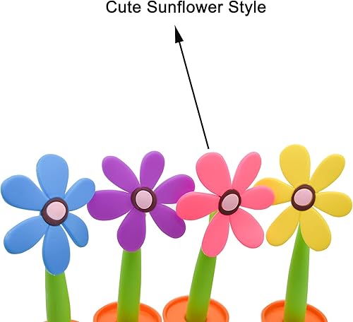 Miniatura 3 de Maydahui Juego de 4 bolígrafos de flores con soporte para macetas en el escritorio, bonito diseño creativo colorido para fiesta de estudiantes, día