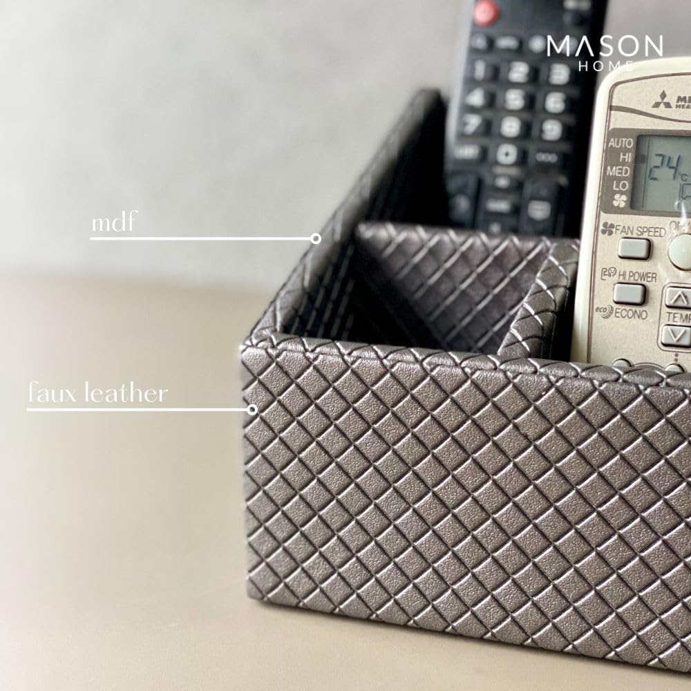 MASON HOME Vegan Leather & Mdf Braided Grey Remote Holder - 1pc - L 6.25" x B 5" x H 5" | Decorative Multifunctional Space Saving Organizer Stand | Rom - Table - Desk | AC TV Controller - Gadgets 1