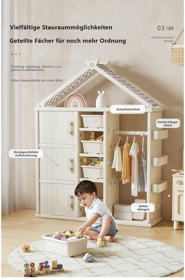 habeig Multifunktionaler Kinder-Kleiderschrank, Hausform Design, Kinderschrank, 156x123x34cm, Beige, mit Türen, Ablagekörben und Kleiderstange, Einfache Montage (20211)