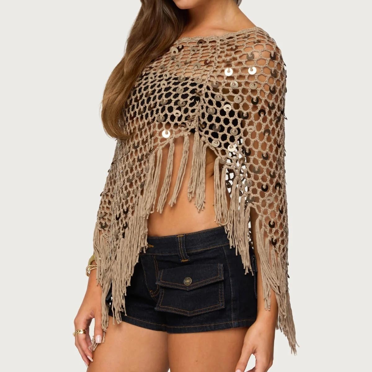 Elegante Poncho Estivo da Donna in Maglia Leggera E Ampia con Lustrini Bolero Asimmetrico Leggero E alla Moda con Nappe.