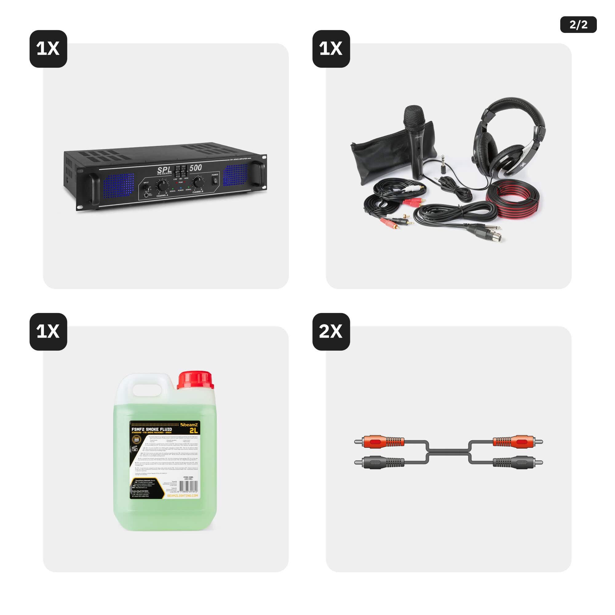 MAX DJ Komplettanlage 500W mit Bluetooth DJ Mixer, 2 Lautsprechern, Lichtanlage & Nebelmaschine – DJ Set für Einsteiger, Gartenparty, Geburtstag, Plug & Play