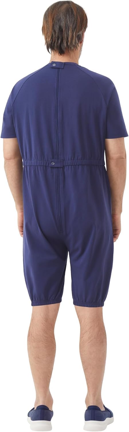 Adaptive Clothing for Men, Anti-Strip Back-Zip Jumpsuit Cotton Romper- Elderly Easy Care Onesie for Special Needs