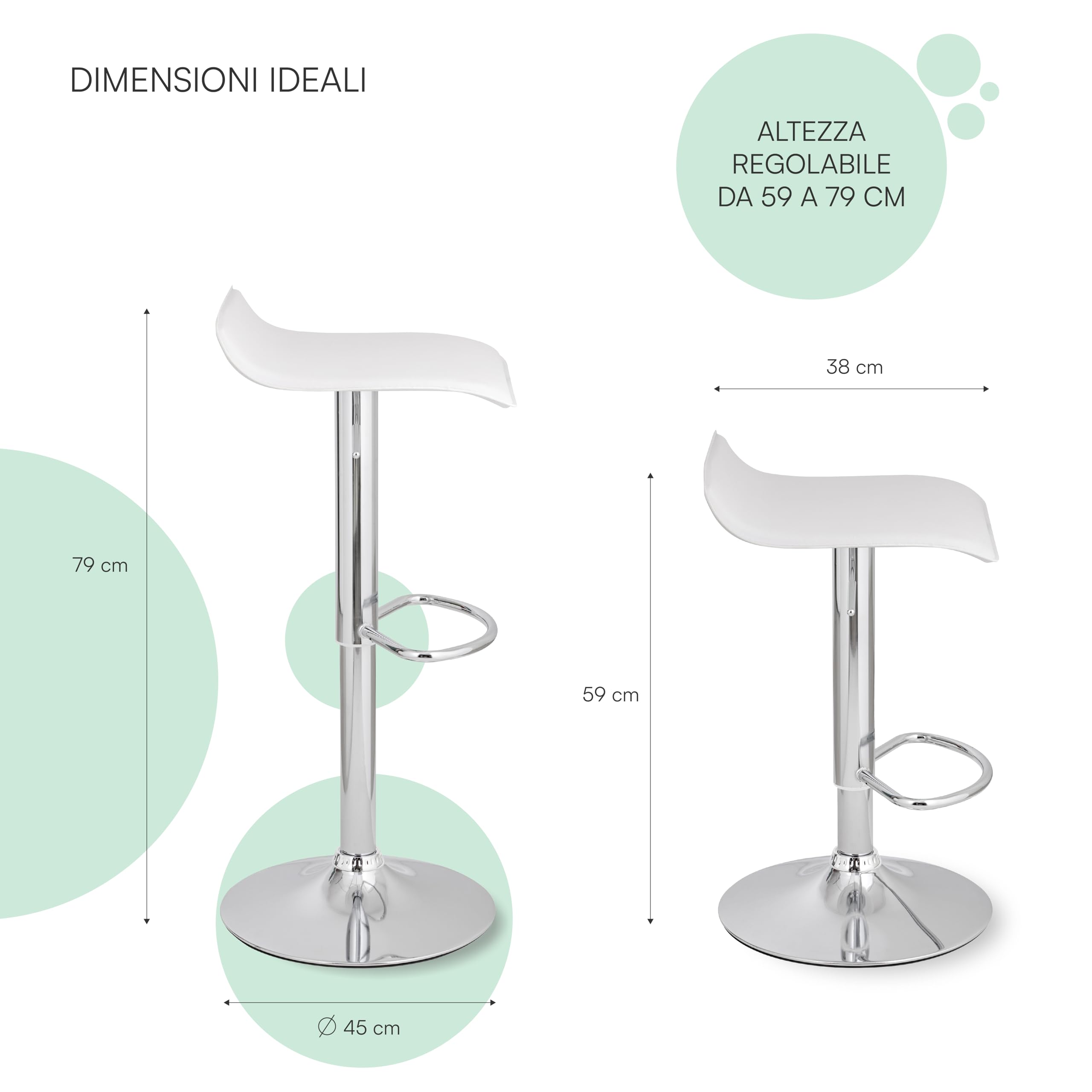 Baroni Home 2 Taburetes de Bar Giratorio con Altura Ajustable, Base Cromada con Reposapiés y Fondo Antiarañazos, Taburete de Cocina y Península, Fácil de Montar, 38x45x59-79 cm, Blanco 2 Piezas