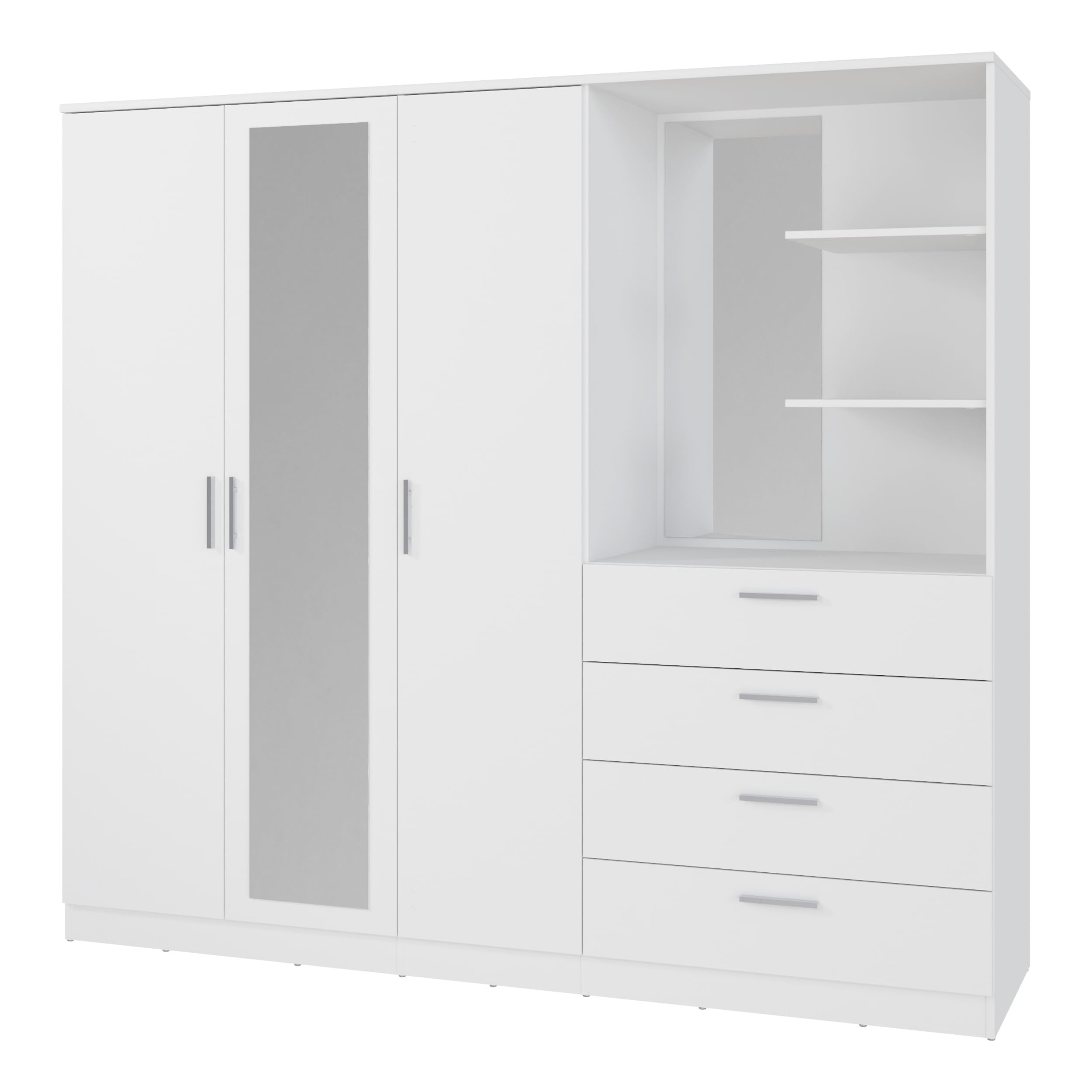 Forte Panama Kleiderschrank 200, modern-minimalistischer Kleiderschrank mit Regalkommode, 3-türig, 4 Schubladen, 2 Spiegel, Holzwerkstoff, Weiß, 199 cm breit x 181 cm hoch x 52,7 cm tief