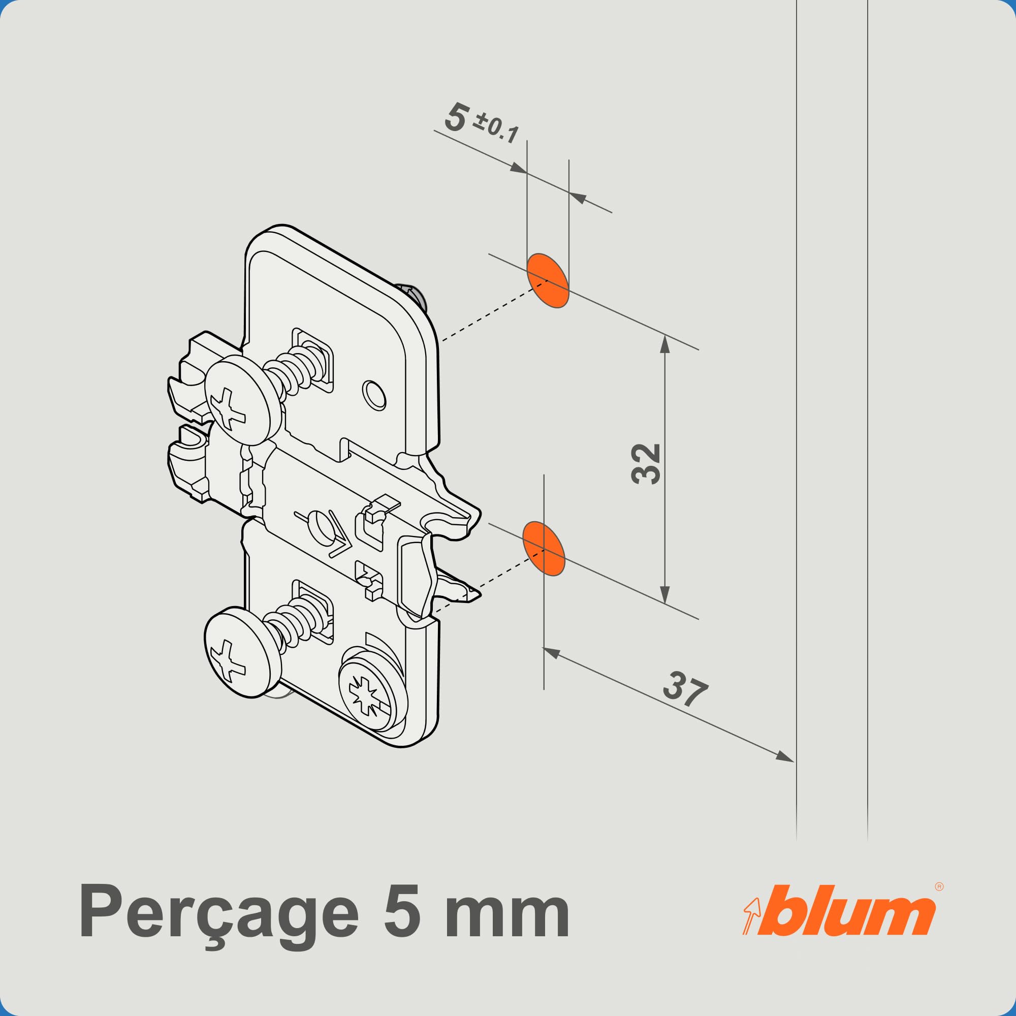BLUM Jauge de perçage pour plaques de montage CLIP top BLUMOTION, CLIP top, MODUL, charnières d'armoires et de meubles, avec alésage de 5 mm, orange, plastique/acier