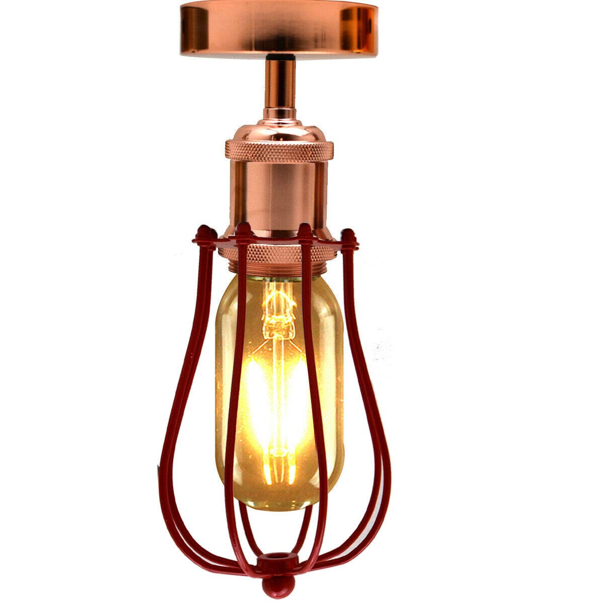 Ledsone Rose Gold Dcvoltage Industrial Vintage Ceiling Light Retro Flush Mount Cage Ceiling Light Wire Cage Lampshade Easy Fit Ceiling Lamp For Dining Room Bar Clubs & Restaurants (Rose Gold)
