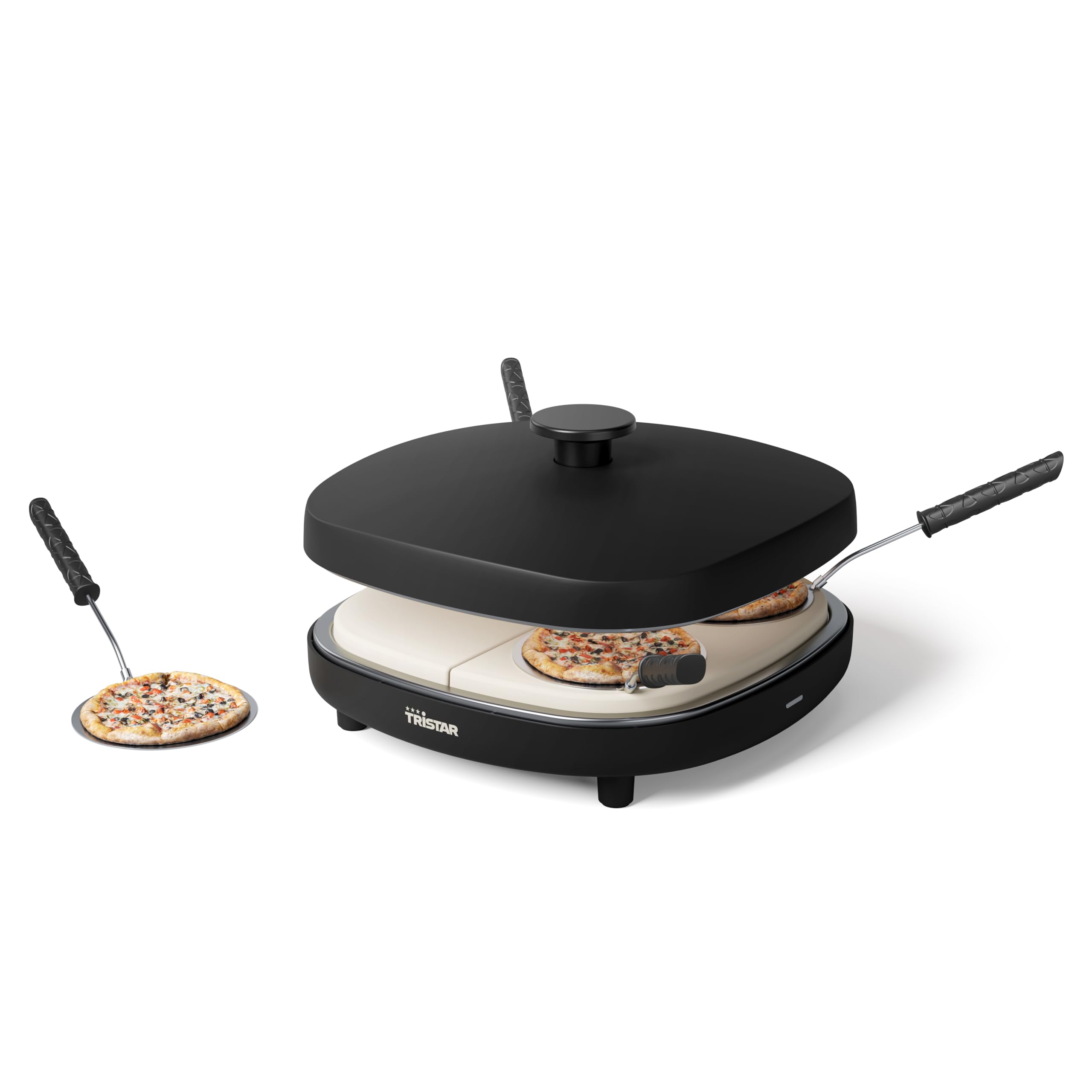 Tristar Pizza Family 4 Pizza Maker, 25x25 cm, 900 W, Für 4 Personen, PFAS-freie Keramikbeschichtung, Abnehmbare Platten, 4 Pizzaschaufeln & Teigschneider, PZ-9174