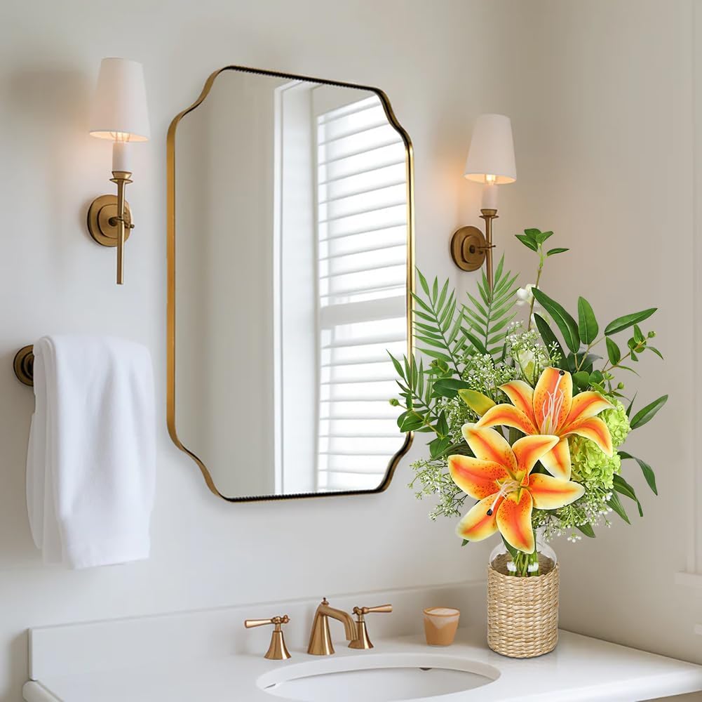 Hollyone Fake Flowers with Vase, Orange Silk Tiger Lily Artificial Flowers in Vase, Faux Plants and Flowers Arrangement Bouquets with Vases for Table Centerpieces Office Bathroom Home Decor