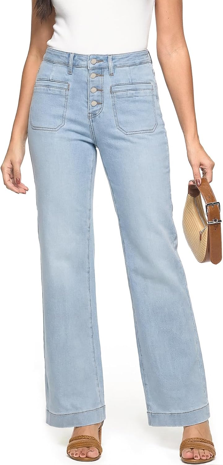 ZPIUO Women's Straight Leg Jeans High Waisted Stretchy Wide Leg Loose Denim Pants with Trendy Buttoned