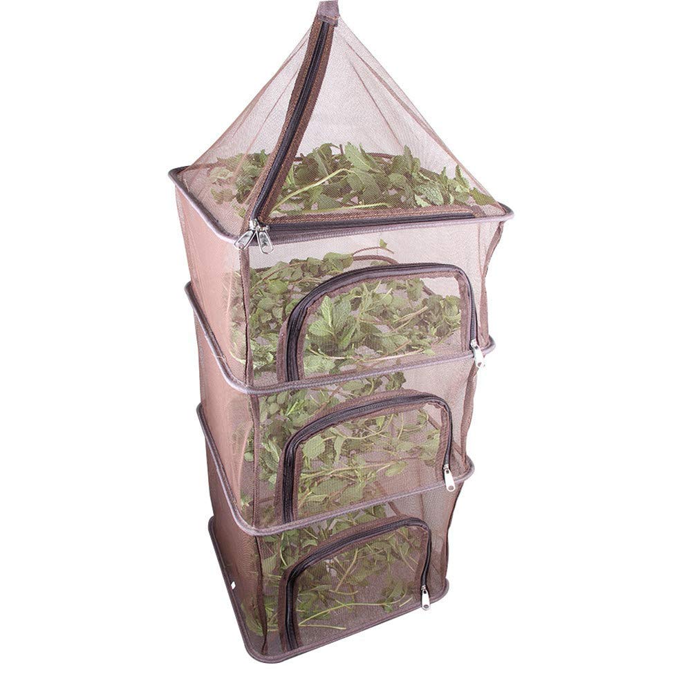 Red seca, para colgar, red seca, 4 compartimentos, almacenamiento de verduras y utensilios de cocina, cesta colgante para camping, viajes, pesca, barbacoa, etc., color marrón