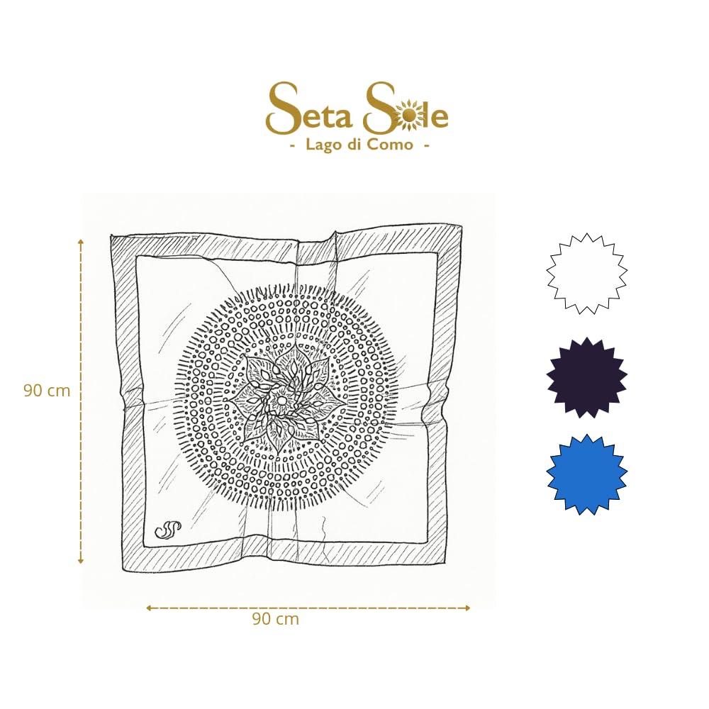Foulard en 100 % soie, fabriqué en Italie, 70 x 70 cm, mandala dessiné à la main, écharpe carrée élégante pour femme, accessoire de mode artisanal, lac de Como