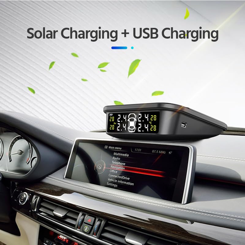Tpms Solar Tire Pressure Monitoring System Alarm Tire Pressure Security Alarm Systems Smart Car Systems Tyre Pressure Gauge(K14External Sensor)(K14PBuilt in Sensor)