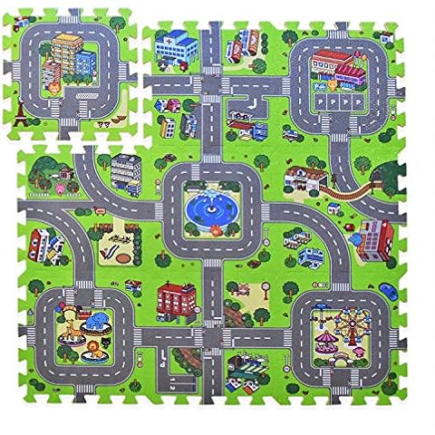 Play Mat Interlocking Foam Car Rug Floor Puzzle Tiles Playroom Pieces Interactive by Exultimate, 9 Piece Set Zoo Cover