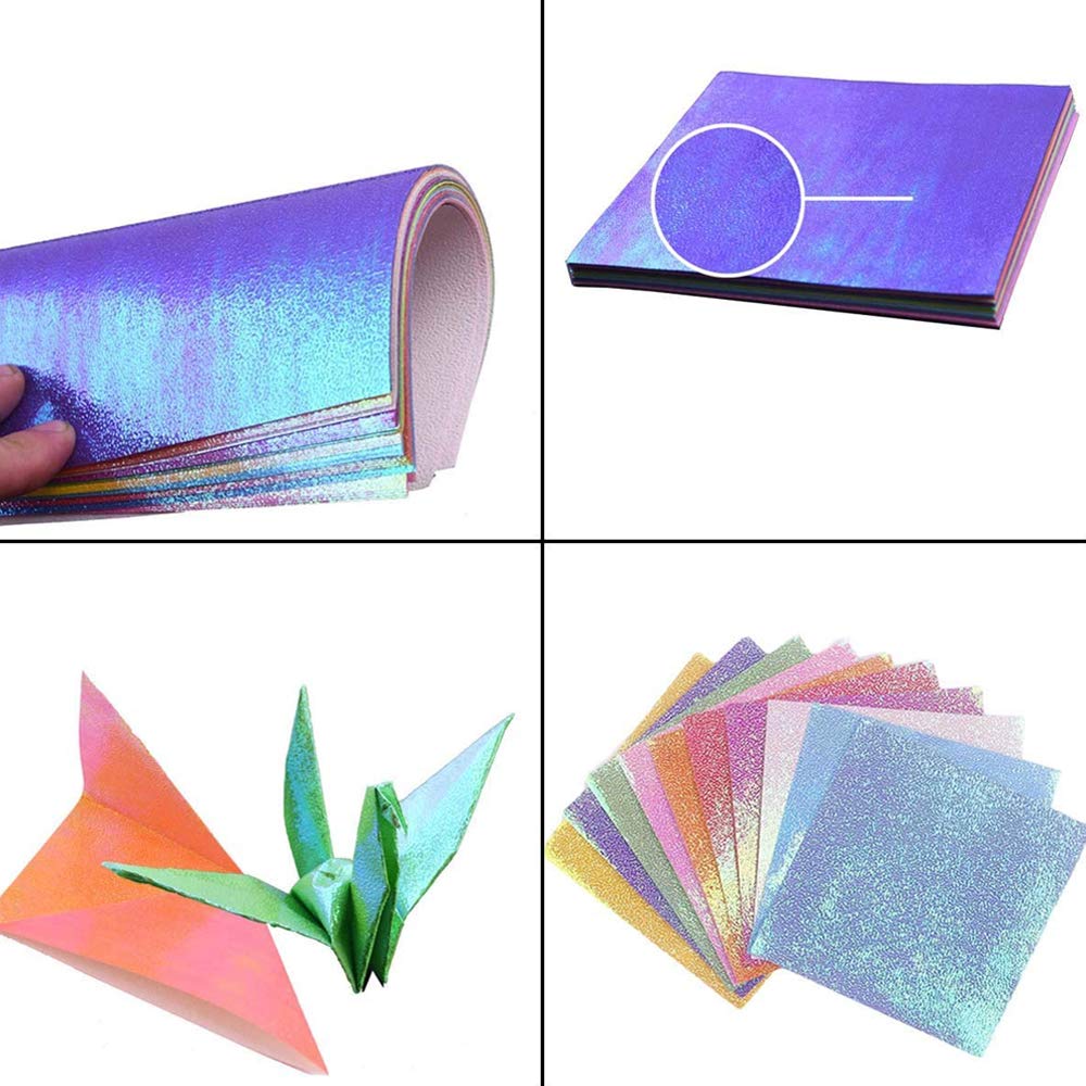 QUARKZMAN 50 Blätter Glitzer Origami Papier 10x10cm Metallic Folie Laser Papier Glänzend Holographisch Quadratisches Falt Papier für DIY Kunst, 4x4 Zoll Gold Grün Rot Blau