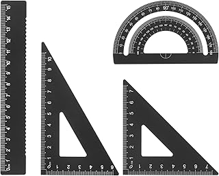 HARFINGTON 4pcs Geometry Set 15cm Metric Measure Laser Engraving Aluminum Ruler Metal Ruler Set Triangle Protractor Ruler Tool Set for Classroom, Office, Home, Black