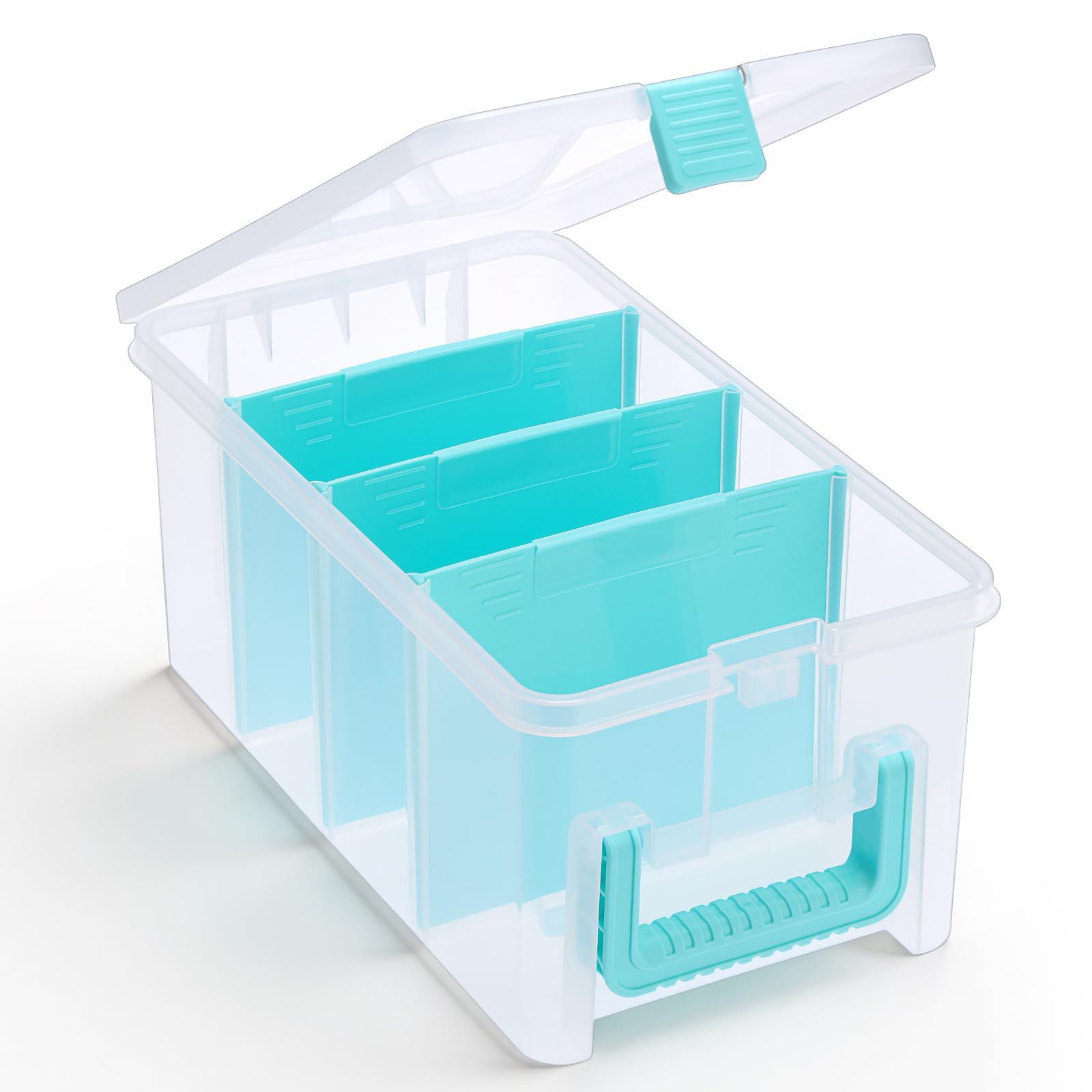 BSTKEY Plastic Storage Container with 3 Detachable Divider, 20*35.2*15.8cm | Clear Blue Home Utility Craft Organizer Box Stationery Case Sewing Supply Storage Box with Handle for Home Office (Vertical)