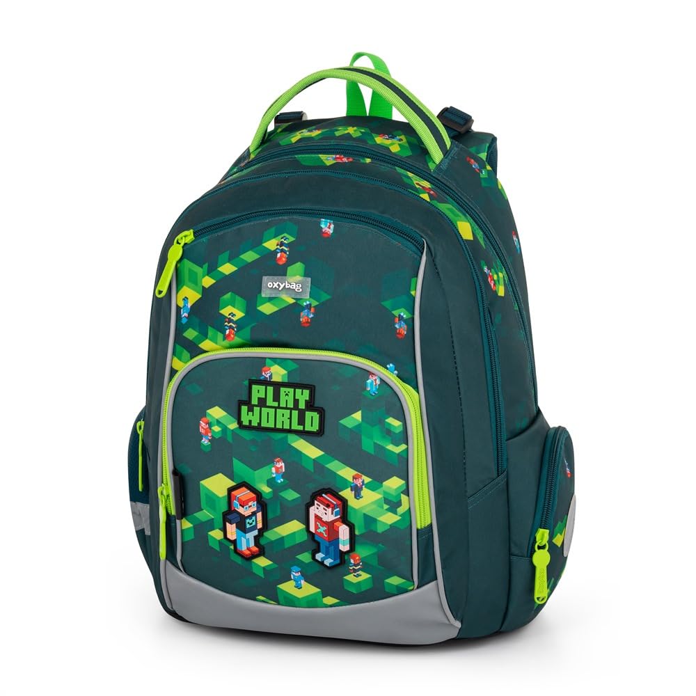 OXY GO - Mochila escolar (3 piezas, para 1 a 3ª clase: mochila ergonómica, estuche y bolsa de gimnasia), con elementos reflectantes para mayor seguridad, ideal para niños, Mundo del juego
