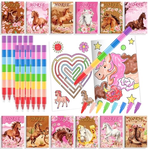 BenLouis 24 Floral Horse Mini Coloring Books with 24 Crayons for Kids Bulk