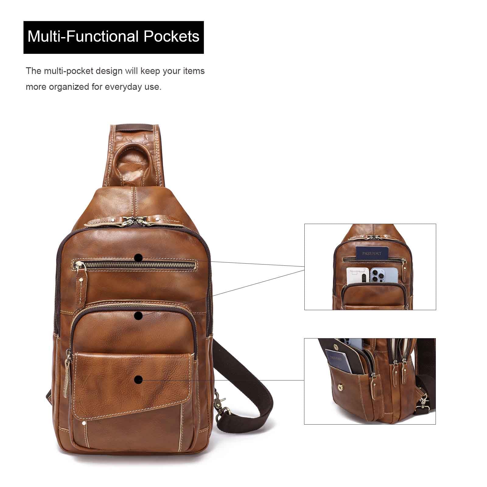 LANNSYNE Full Grain Leather Casual Sling Bag For Men Hiking/Travel/Business Crossbody Chest Bag Fits 12.9'' iPad'