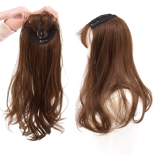 LXUE Elegante cabello largo ondulado con flequillo con clip en piezas de cabello ondulado para mujer, 22 pulgadas, marrón claro