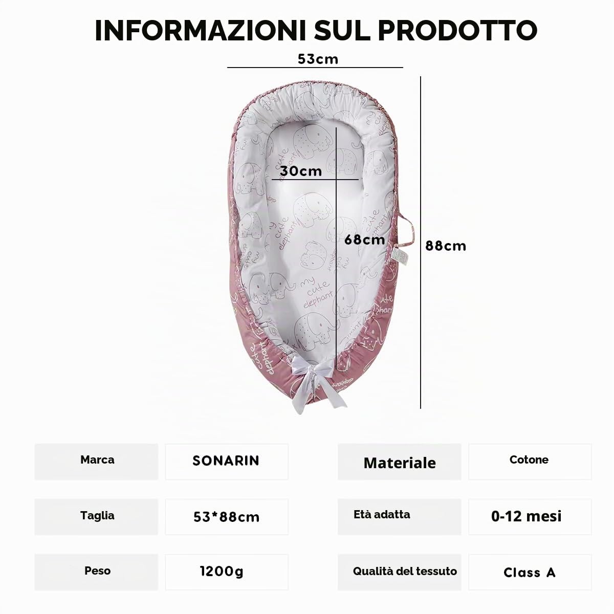SONARIN Portatile Riduttore Lettino Neonato,88 x 53 cm Baby Nest Nido Neonati Riduttore Culla da Viaggio per Bambini, con100% Cotone Copertura Reversibile Lavabile(Rosa-Elefante)