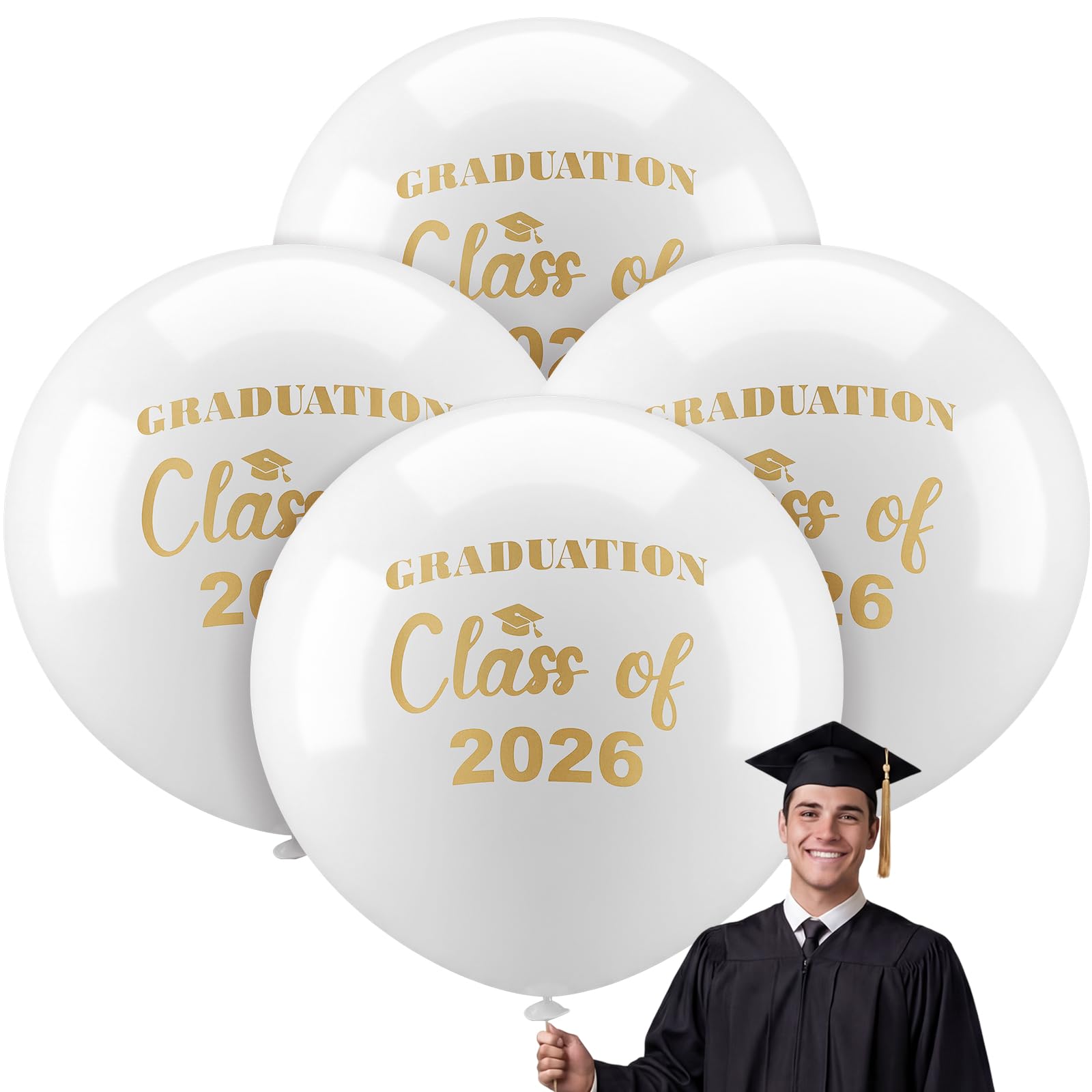 Photo 1 of Kasyat 4 Pcs 36 Inch Extra Large Graduation Balloons Class of 2026 Balloons Latex Jumbo Giant Congrats Grad Balloon for College, High School, University Graduation Party Decorations(White and Gold)