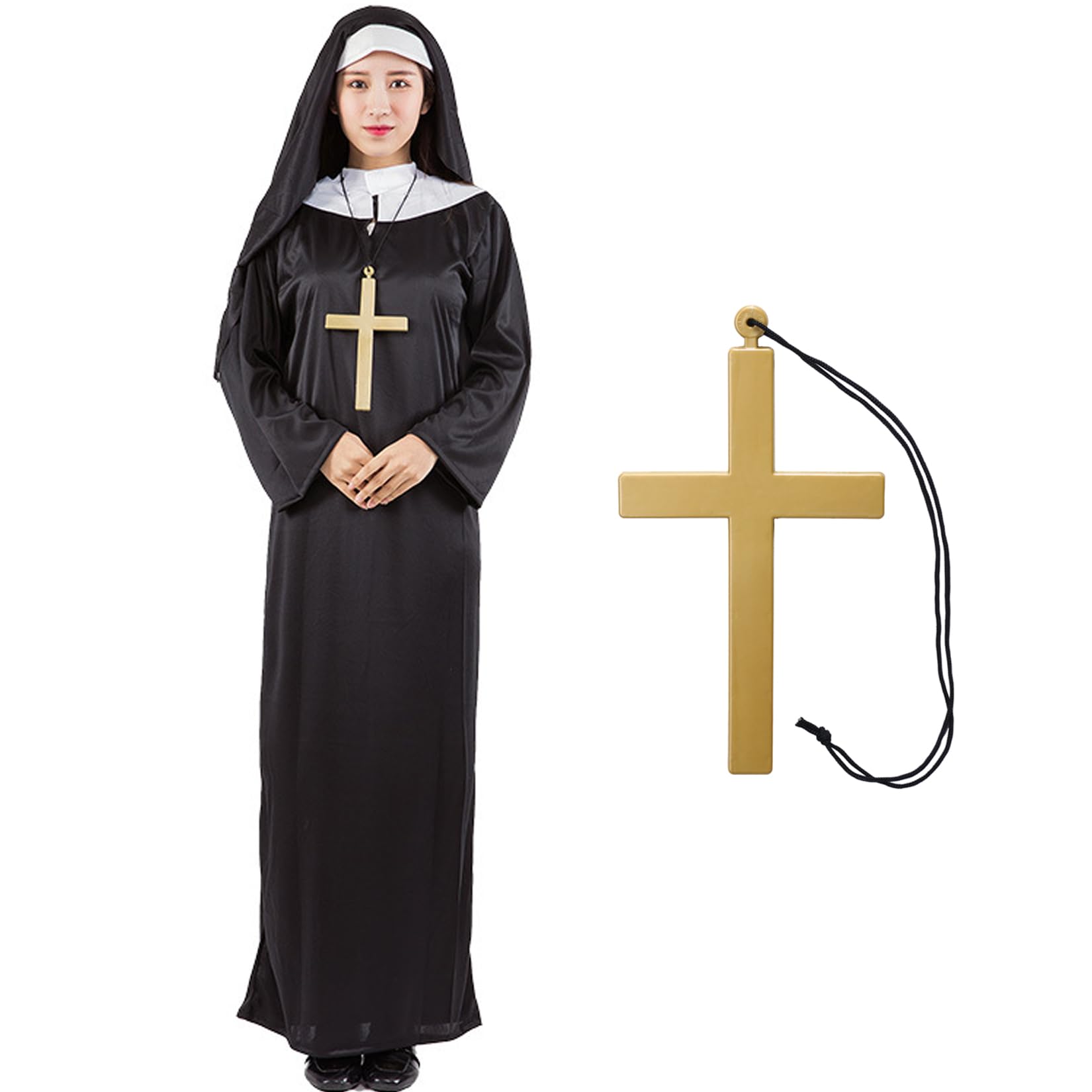 Alaiyaky Nun Outfit for Adult, Priest Costume Suit, Vicar Outfit, Monk Costume With White Collar Cross Necklace, Halloween Fancy Dress for Men Women (Female, L)