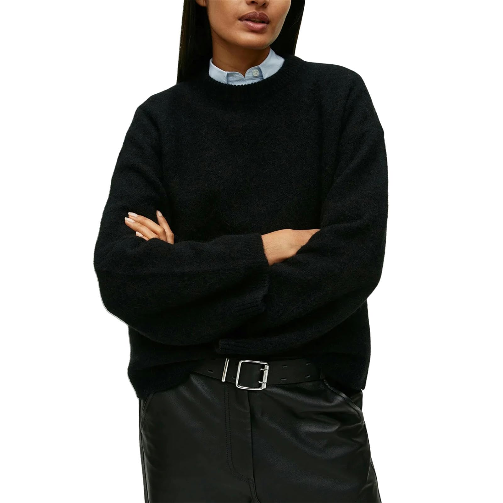 Sweter O Neck Lampion Rękaw Sweter Kobiety Dzianinowe Swetry Damskie Topy-Czarny-M